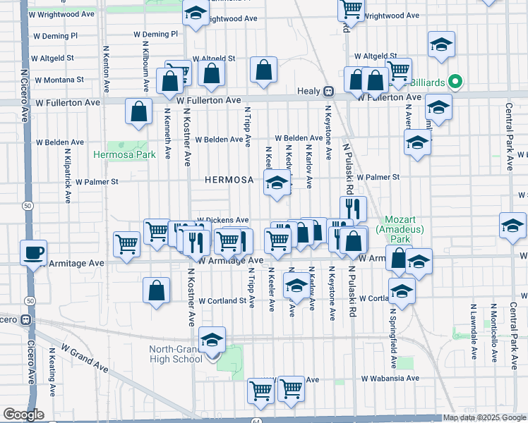 map of restaurants, bars, coffee shops, grocery stores, and more near 4208 West Dickens Avenue in Chicago