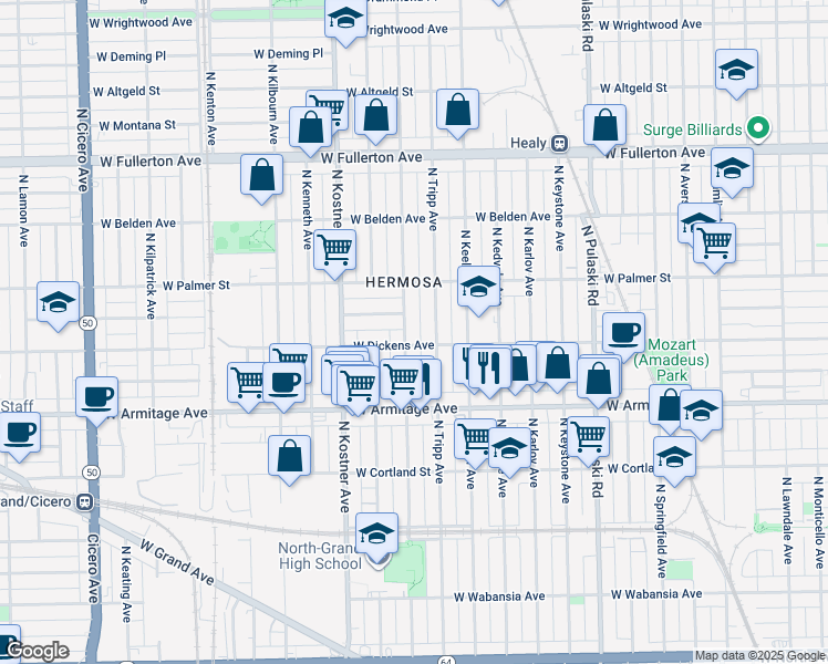 map of restaurants, bars, coffee shops, grocery stores, and more near 2107 North Kildare Avenue in Chicago