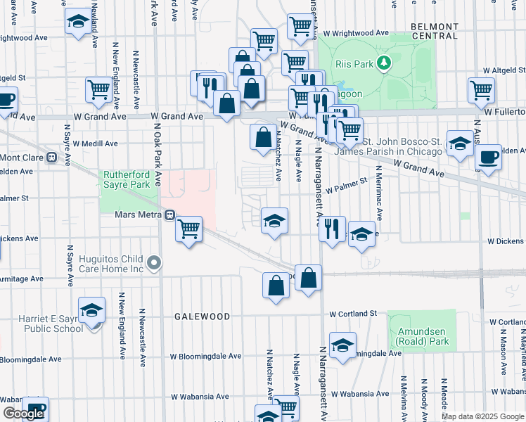 map of restaurants, bars, coffee shops, grocery stores, and more near 6544 West Dickens Avenue in Chicago