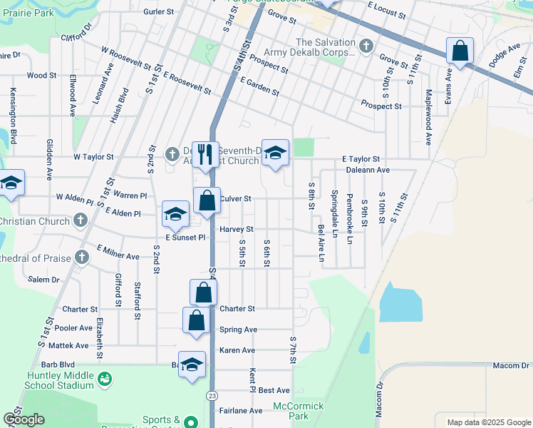 map of restaurants, bars, coffee shops, grocery stores, and more near 933 South 6th Street in DeKalb