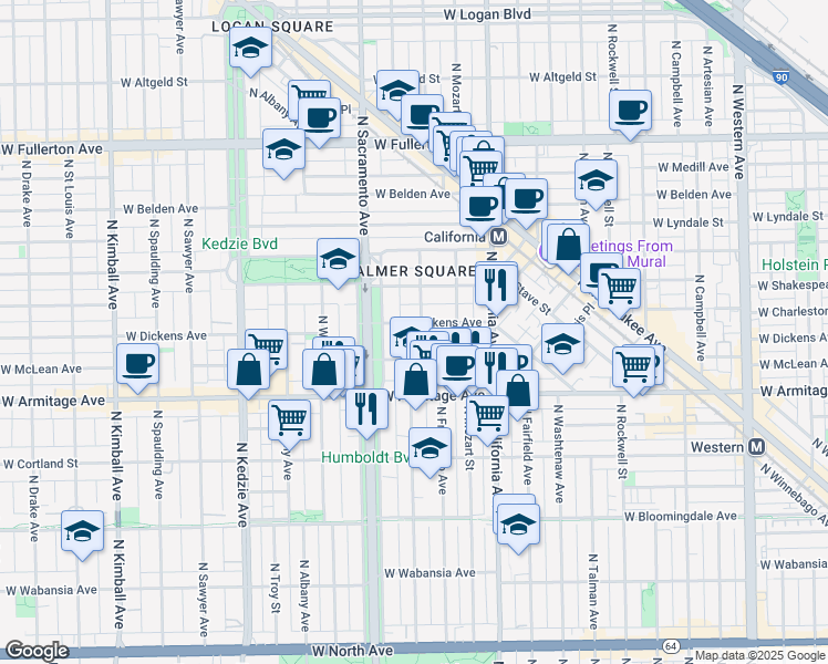 map of restaurants, bars, coffee shops, grocery stores, and more near 2907 West Dickens Avenue in Chicago