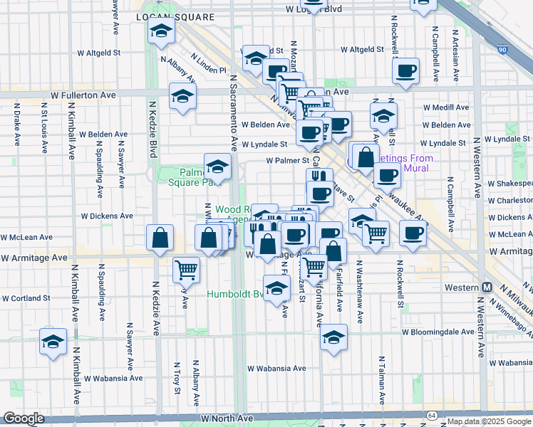 map of restaurants, bars, coffee shops, grocery stores, and more near 2907 West Dickens Avenue in Chicago