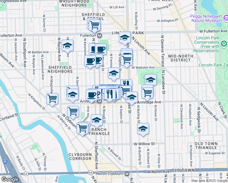 map of restaurants, bars, coffee shops, grocery stores, and more near 2039 North Fremont Street in Chicago