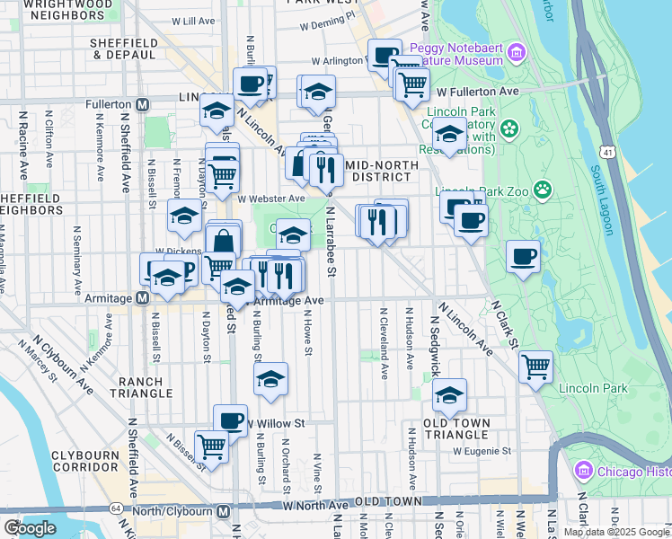 map of restaurants, bars, coffee shops, grocery stores, and more near 2045 North Larrabee Street in Chicago