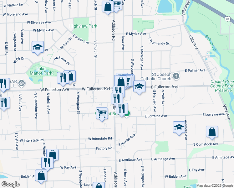 map of restaurants, bars, coffee shops, grocery stores, and more near 427 Addison Road in Addison