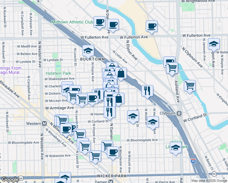 map of restaurants, bars, coffee shops, grocery stores, and more near 2048 North Winchester Avenue in Chicago
