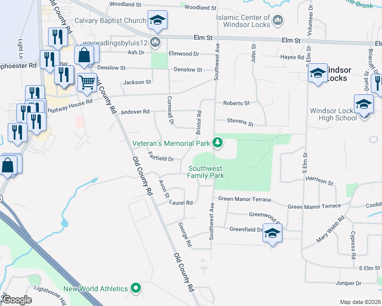 map of restaurants, bars, coffee shops, grocery stores, and more near 76 Bristol Road in Windsor Locks