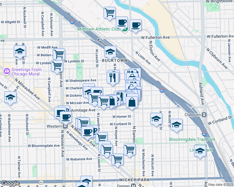 map of restaurants, bars, coffee shops, grocery stores, and more near 2057 North Hoyne Avenue in Chicago