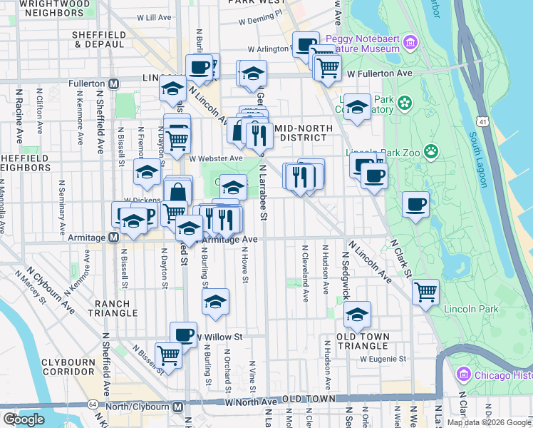 map of restaurants, bars, coffee shops, grocery stores, and more near 2037 North Larrabee Street in Chicago