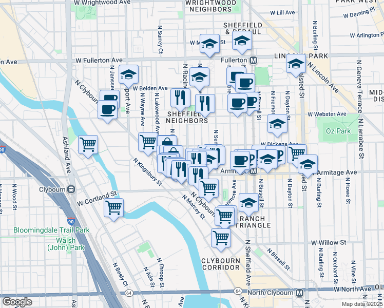 map of restaurants, bars, coffee shops, grocery stores, and more near 2045 North Racine Avenue in Chicago