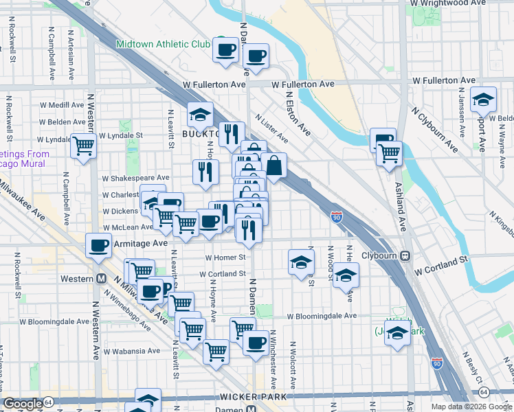 map of restaurants, bars, coffee shops, grocery stores, and more near 2042 North Damen Avenue in Chicago