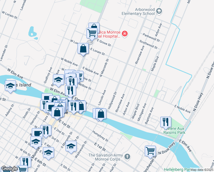 map of restaurants, bars, coffee shops, grocery stores, and more near 306 Lincoln Avenue in Monroe