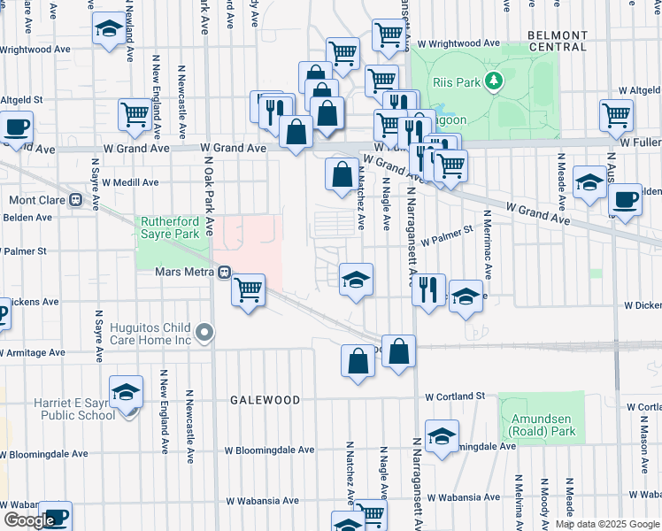map of restaurants, bars, coffee shops, grocery stores, and more near 6544 West Dickens Avenue in Chicago
