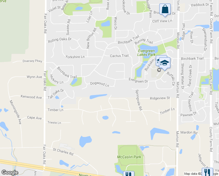 map of restaurants, bars, coffee shops, grocery stores, and more near 1212 Dogwood Lane in Carol Stream