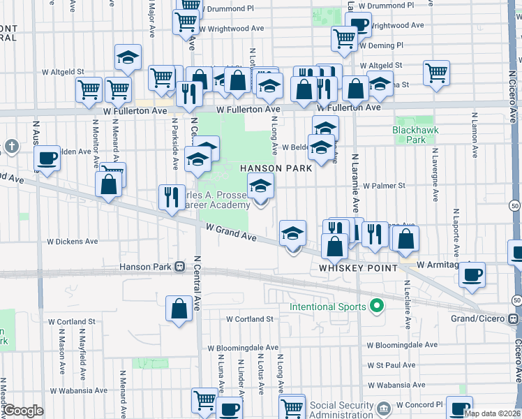 map of restaurants, bars, coffee shops, grocery stores, and more near 2148 North Long Avenue in Chicago