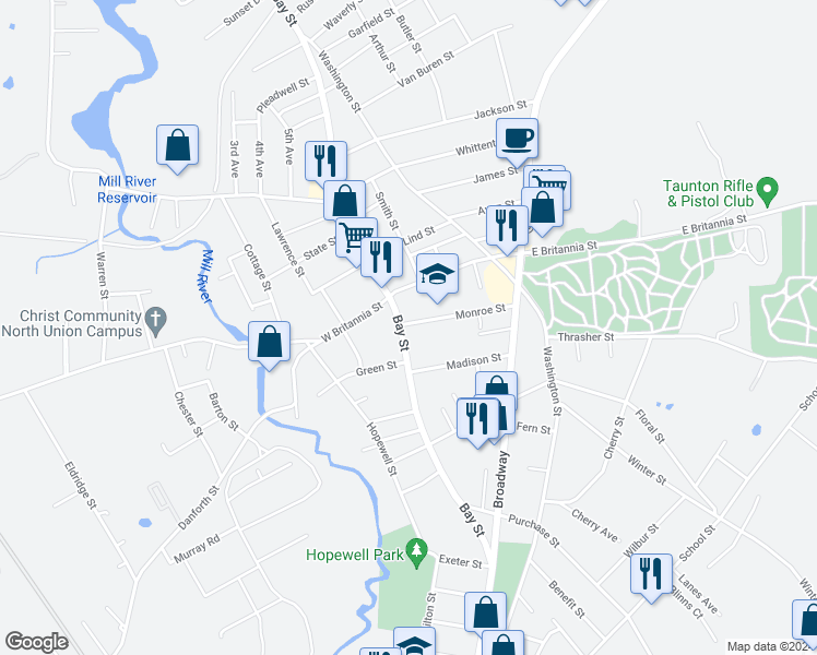 map of restaurants, bars, coffee shops, grocery stores, and more near 264 Bay Street in Taunton