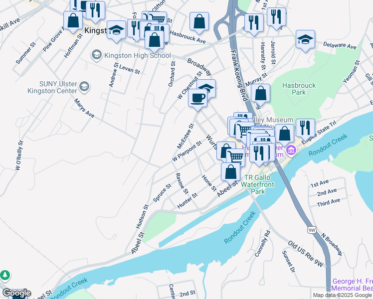 map of restaurants, bars, coffee shops, grocery stores, and more near 91b West Pierpont Street in Kingston