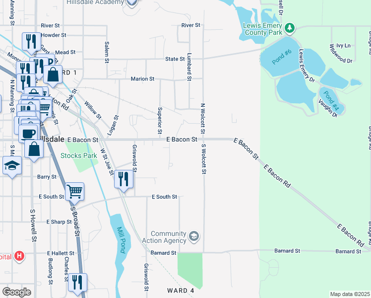 map of restaurants, bars, coffee shops, grocery stores, and more near 4 South Wolcott Street in Hillsdale