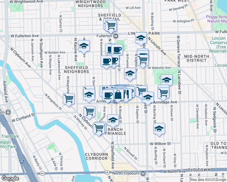 map of restaurants, bars, coffee shops, grocery stores, and more near 2028 North Bissell Street in Chicago