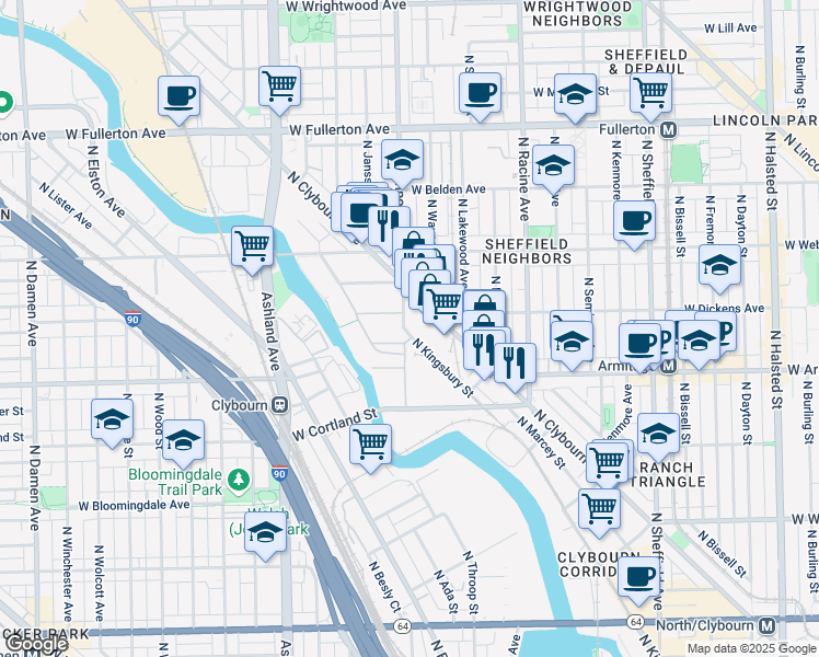 map of restaurants, bars, coffee shops, grocery stores, and more near 2031 North Southport Avenue in Chicago