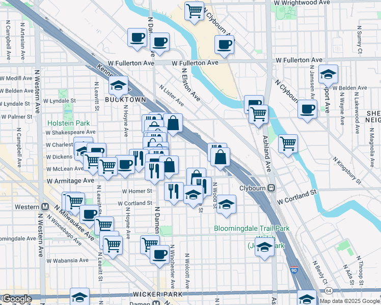 map of restaurants, bars, coffee shops, grocery stores, and more near 2039 North Wolcott Avenue in Chicago