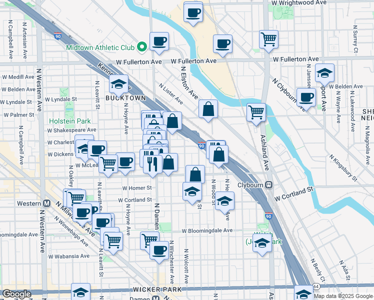 map of restaurants, bars, coffee shops, grocery stores, and more near 2039 North Wolcott Avenue in Chicago