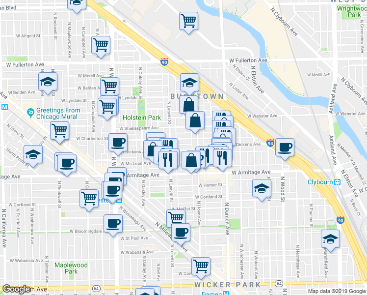 map of restaurants, bars, coffee shops, grocery stores, and more near 2119 West Dickens Avenue in Chicago