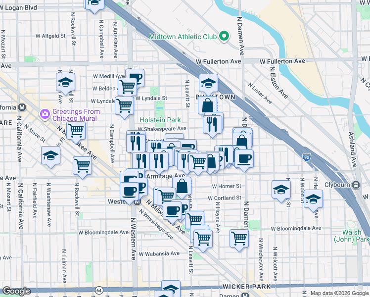 map of restaurants, bars, coffee shops, grocery stores, and more near 2049 North Leavitt Street in Chicago