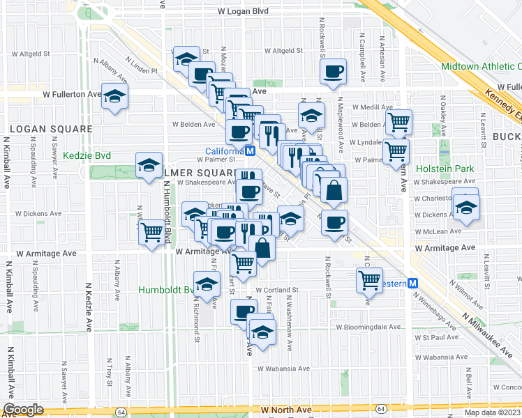 map of restaurants, bars, coffee shops, grocery stores, and more near 2123 North Point Street in Chicago