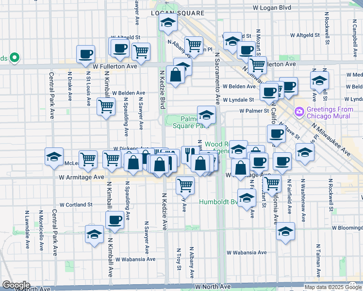 map of restaurants, bars, coffee shops, grocery stores, and more near 2053 North Albany Avenue in Chicago