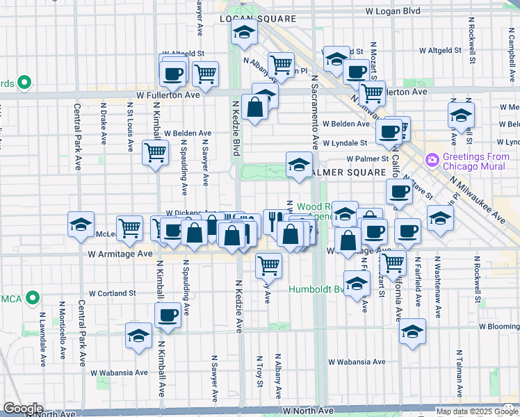 map of restaurants, bars, coffee shops, grocery stores, and more near 2053 North Albany Avenue in Chicago