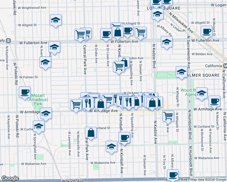 map of restaurants, bars, coffee shops, grocery stores, and more near 3426 West Mc Lean Avenue in Chicago