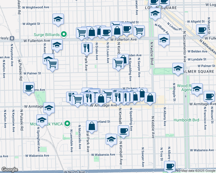 map of restaurants, bars, coffee shops, grocery stores, and more near 3509 West Dickens Avenue in Chicago