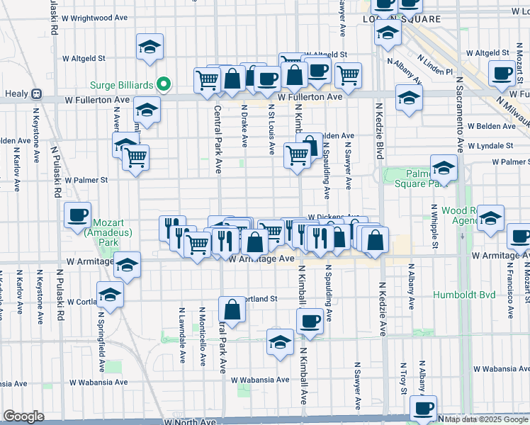 map of restaurants, bars, coffee shops, grocery stores, and more near 3509 West Dickens Avenue in Chicago