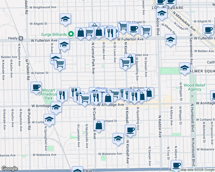 map of restaurants, bars, coffee shops, grocery stores, and more near 3549 West Dickens Avenue in Chicago