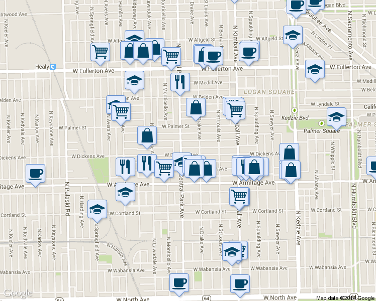 map of restaurants, bars, coffee shops, grocery stores, and more near 3549 West Dickens Avenue in Chicago