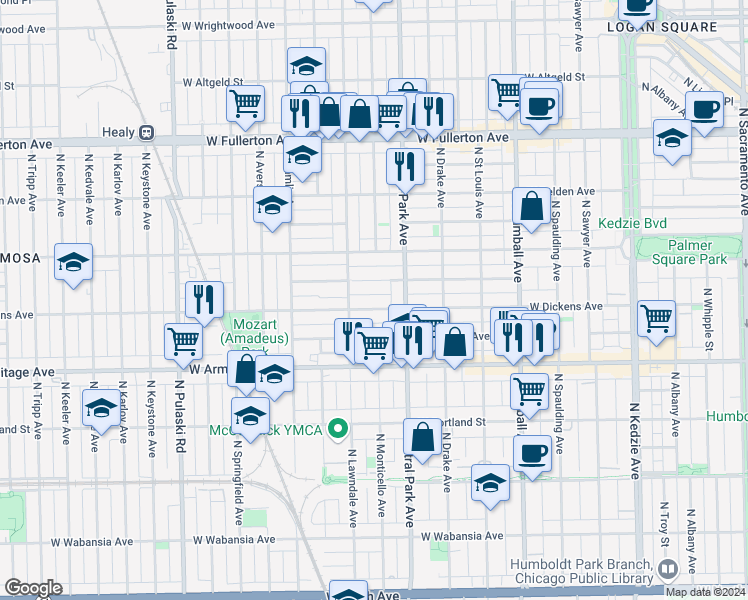 map of restaurants, bars, coffee shops, grocery stores, and more near 3645 West Dickens Avenue in Chicago