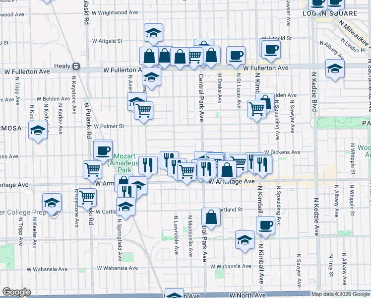 map of restaurants, bars, coffee shops, grocery stores, and more near 3645 West Dickens Avenue in Chicago