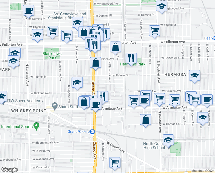 map of restaurants, bars, coffee shops, grocery stores, and more near 2102 North Kilpatrick Avenue in Chicago