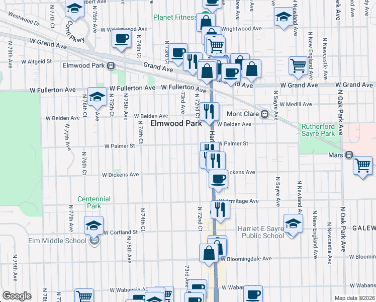 map of restaurants, bars, coffee shops, grocery stores, and more near 2127 73rd Avenue in Elmwood Park