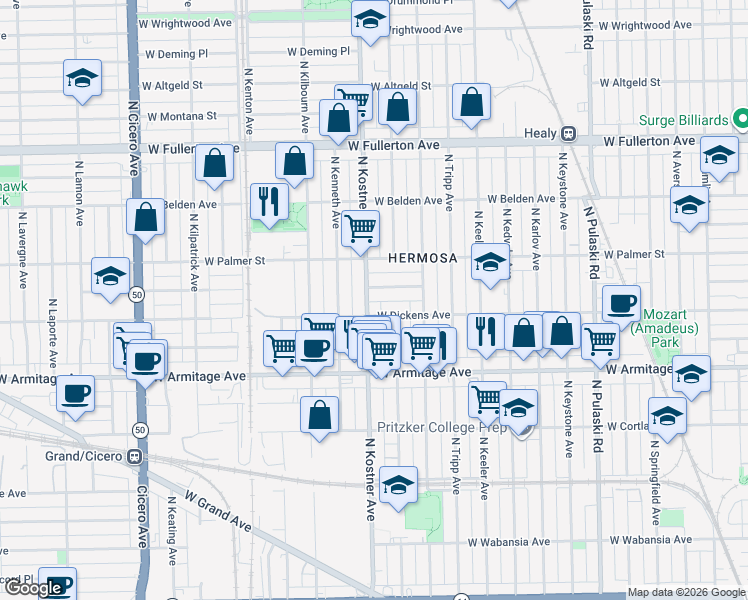 map of restaurants, bars, coffee shops, grocery stores, and more near 2100 North Kostner Avenue in Chicago
