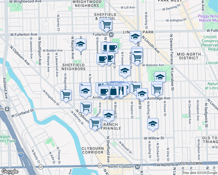 map of restaurants, bars, coffee shops, grocery stores, and more near 2043 North Sheffield Avenue in Chicago