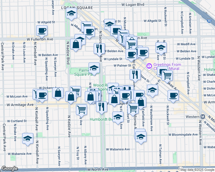 map of restaurants, bars, coffee shops, grocery stores, and more near 2069 North Humboldt Boulevard in Chicago