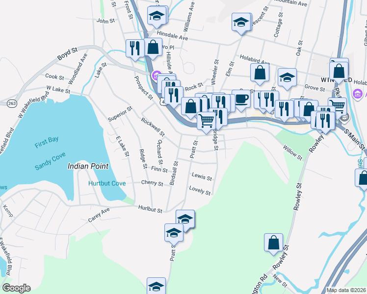 map of restaurants, bars, coffee shops, grocery stores, and more near 30 Birdsall Street in Winsted