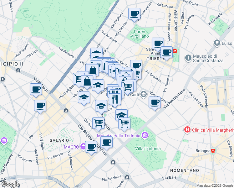 map of restaurants, bars, coffee shops, grocery stores, and more near 59 Corso Trieste in Roma