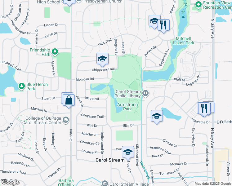 map of restaurants, bars, coffee shops, grocery stores, and more near in Carol Stream