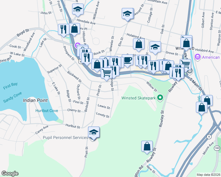 map of restaurants, bars, coffee shops, grocery stores, and more near 39 Rockwell Street in Winsted