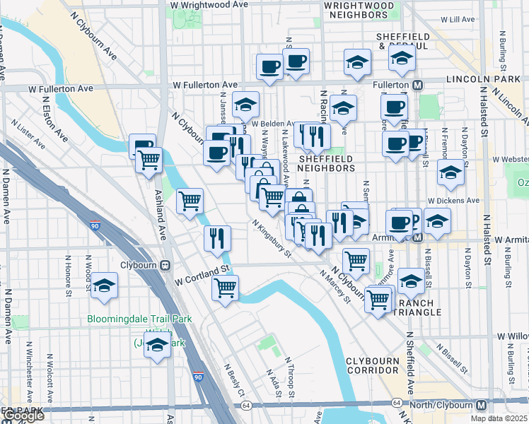 map of restaurants, bars, coffee shops, grocery stores, and more near 2112 North Clybourn Avenue in Chicago