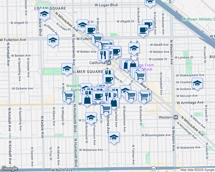map of restaurants, bars, coffee shops, grocery stores, and more near 2657 North Point Street in Chicago