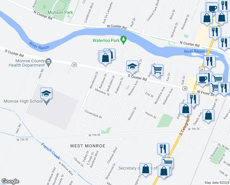 map of restaurants, bars, coffee shops, grocery stores, and more near 784 Patterson Drive in Monroe